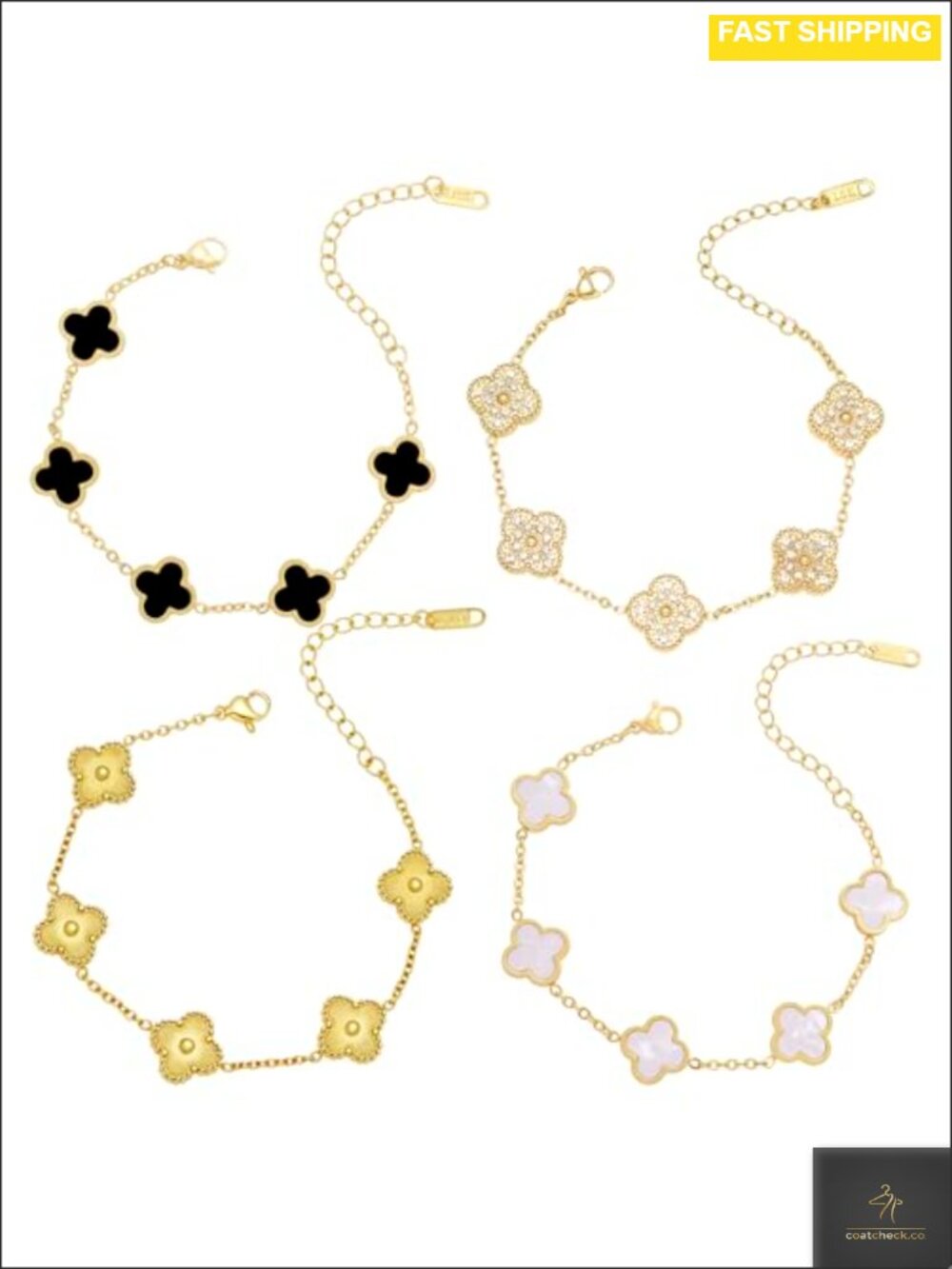 18K Gold Plated Four Leaf Clover Charm Bracelet Set Adjustable Link Stackable